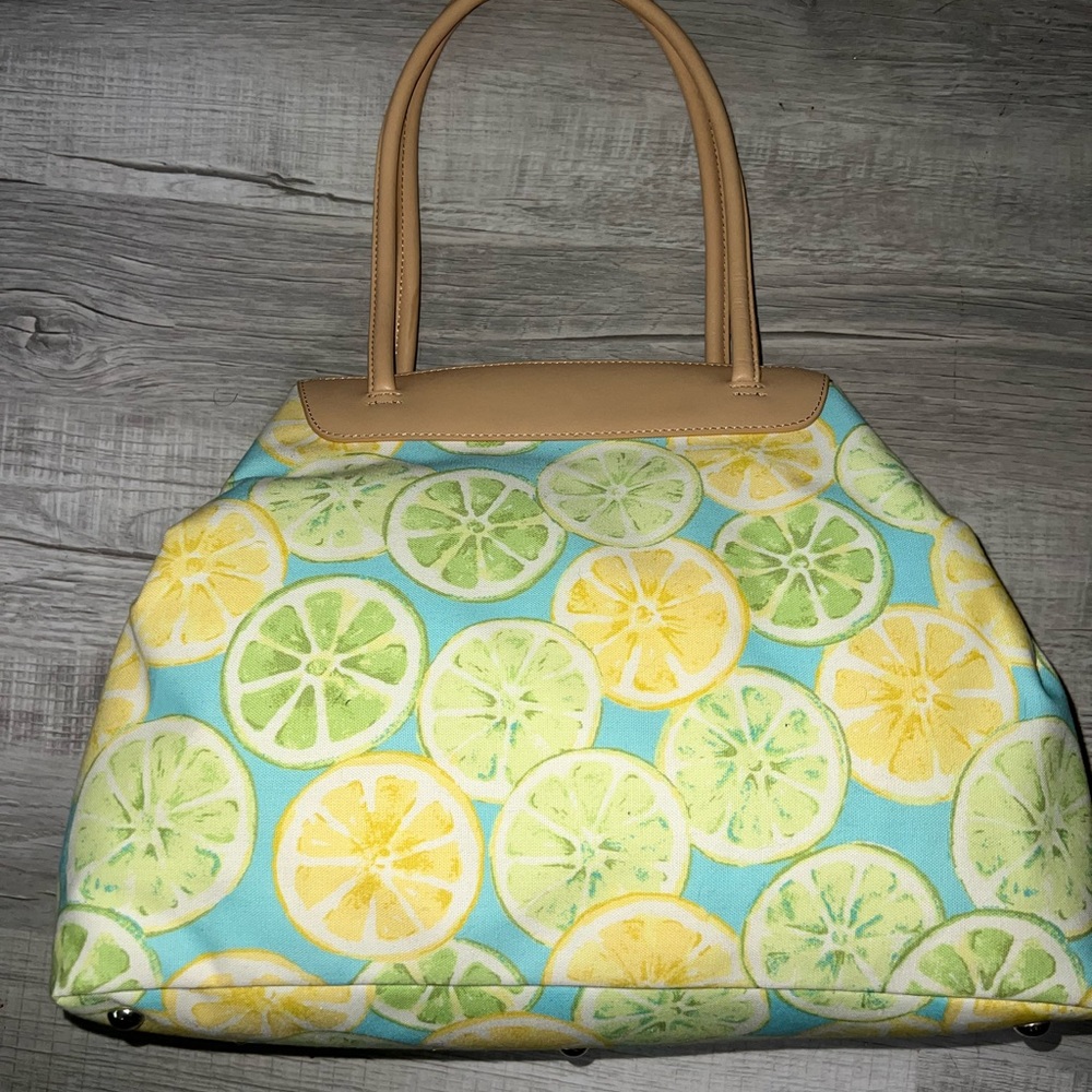 Talbots Lemon Lime Print With Tan Leather Straps